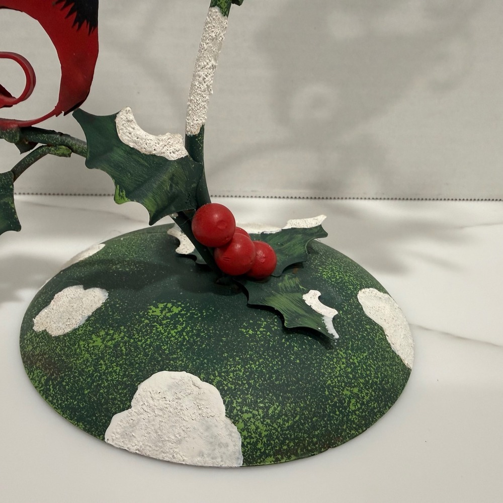 VTG Metal Cardinal Taper 3-Candle Holder Rustic Christmas Holly Bird Centerpiece - Picture 7 of 14